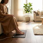 Woman sitting and resting her feet on a earthing mat in a bright living room with a plant and sofa.