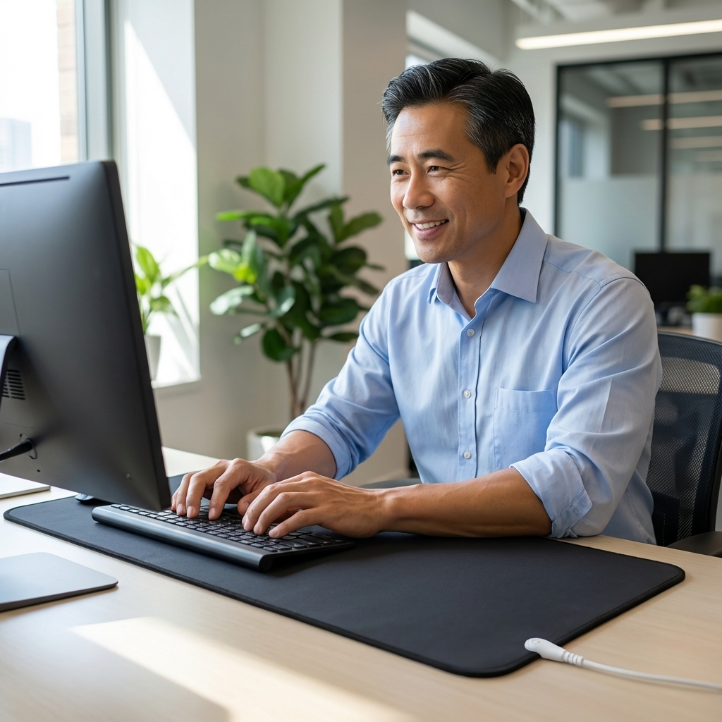 Man sitting at a desk using a computer in an office setting with an earthing mat