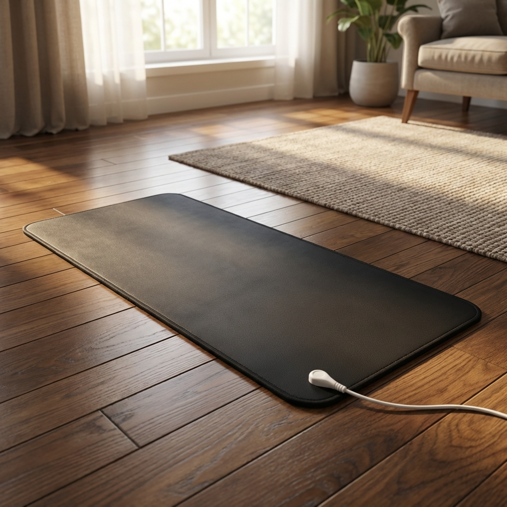 Black earthing mat on a wooden floor with a visible cord, in a room with a window and plant.