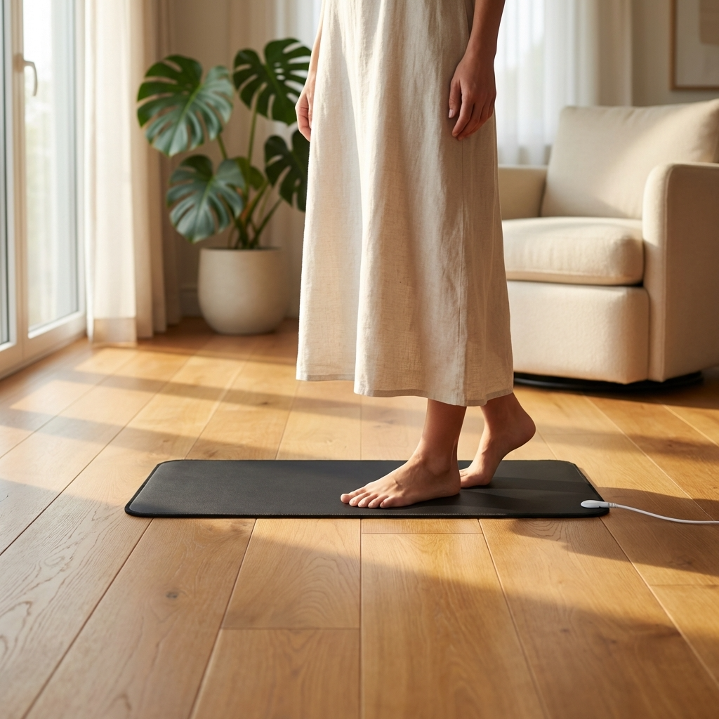 Person using a earthing mat on a wooden floor in a living room.