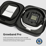 Growband Pro scalp massage device shown inside an open black zippered carrying case on a light gray background, with a white booklet and a white headband visible. Text below reads 'Growband Pro' and includes a blue 'Authorized Reseller' badge.