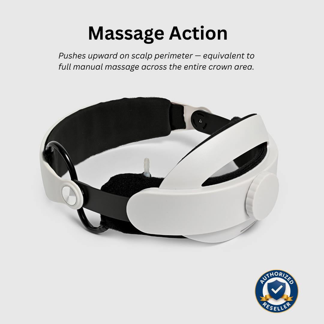 White and black head wrap massage device with text explaining its scalp massage action, on a light gray background with an authorized reseller badge.