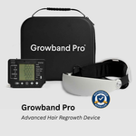 Growband Pro hair regrowth device set including a black carrying case, digital control unit, and white-and-black headband, shown on a light gray background with Growband Pro branding and an authorized reseller badge.
