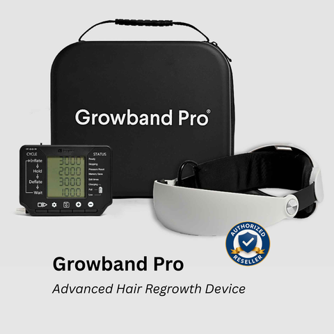 Growband Pro hair regrowth device set including a black carrying case, digital control unit, and white-and-black headband, shown on a light gray background with Growband Pro branding and an authorized reseller badge.