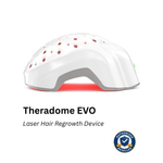 Theradome EVO laser hair regrowth device shown on a white background with text below and an authorized reseller badge in the lower right corner.