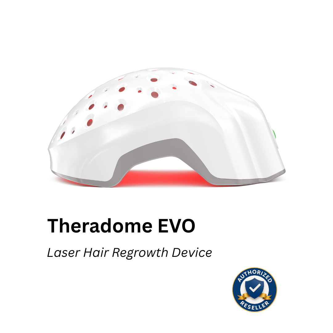 Theradome EVO laser hair regrowth device shown on a white background with text below and an authorized reseller badge in the lower right corner.