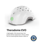 White Theradome EVO laser hair growth helmet with a green power symbol on the side, shown on a white background with product text and an authorized seller badge.