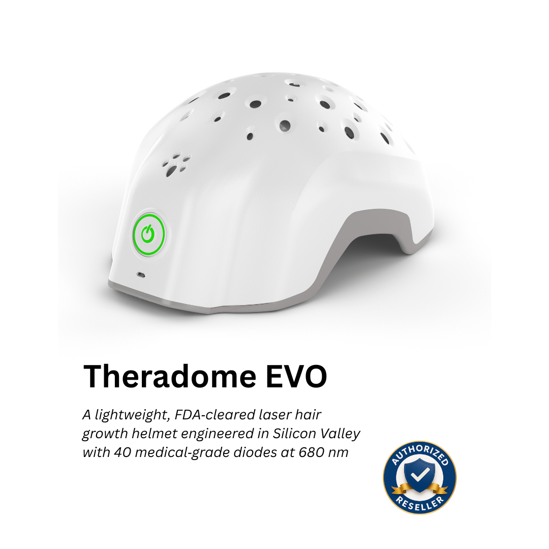 White Theradome EVO laser hair growth helmet with a green power symbol on the side, shown on a white background with product text and an authorized seller badge.