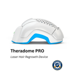 Theradome PRO laser hair regrowth device in white and blue, shown on a clean white background with product text and an authorized reseller badge.