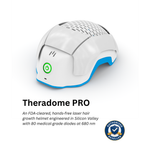 Theradome PRO laser hair growth helmet in white and blue, shown on a white background with product text and an authorized seller badge.